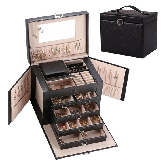 PU Leather Large Multi-Compartment Lockable Jewelry Box Mirror Drawers Side Door - Picture 1 of 9